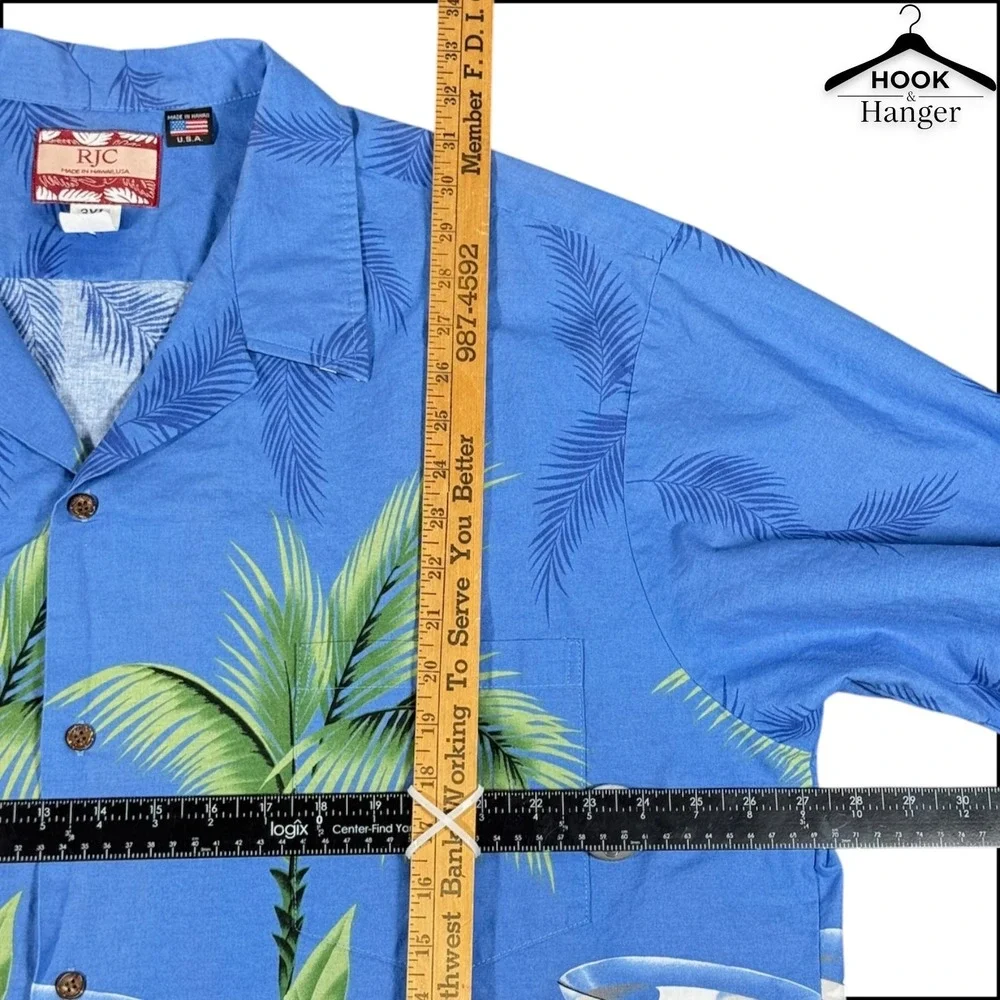 Vintage RJC Hawaiian Camp Shirt 3XL Blue Martini Tropical Palm USA Vacation Blue - Picture 6 of 8